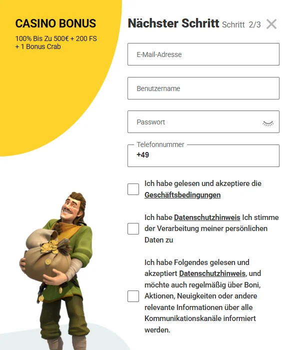 Zet Casino Anmeldung Schritt 2